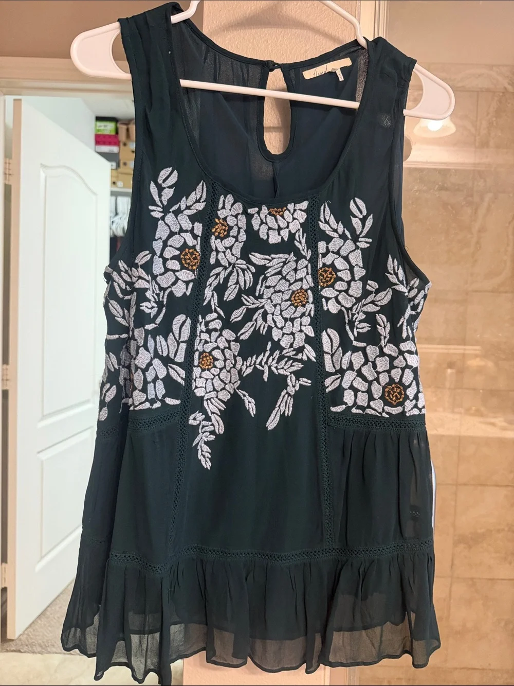 Anthropologie Embroidered Dark Teal Sleeveless Women’s Top Size M